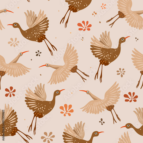 A beautiful floral vector folk pattern. A beige decorative bird print