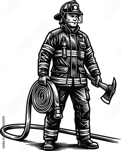 Firefighter holding hose and axe wearing protective gear emergency rescue worker vintage engraving style vector illustration.eps
