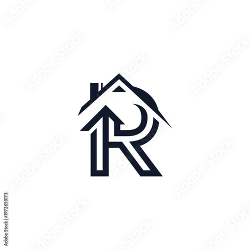 Letter r real estate logo design with house roof and arrow symbol for property agency firm.