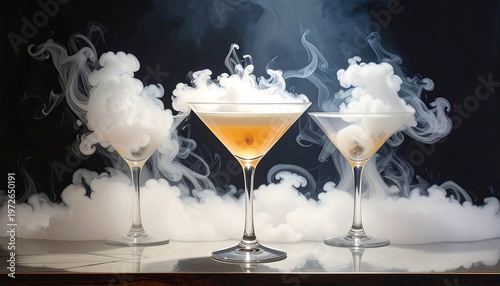 Three stemmed glasses filled with a light-colored liquid. Billowing white vapor surrounds each. Dark backdrop
