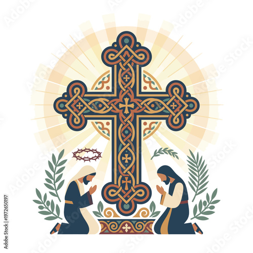 Illustration of a woman praying beside a large cross with candles on a decorative background for Coptic Good Friday or Good Friday, symbolizing faith and spirituality.