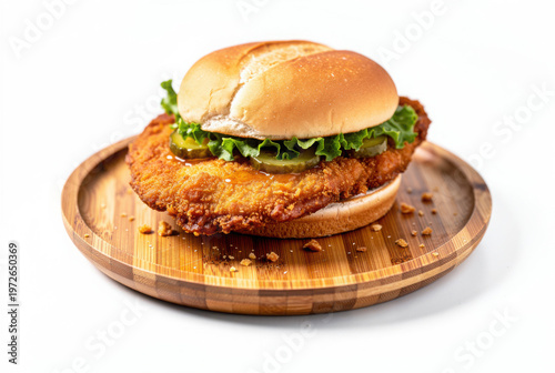 Pork Tenderloin Sandwich Indiana on Bamboo Plate 35 Degree Angle Isolated on White Background Studio Shot