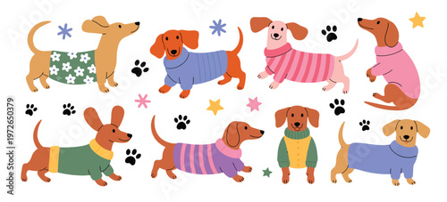 Foto Cartoon dachshund dress-up collection, adorable dogs in various outfits including funny sweaters and jackets, colorful flat illustrations ideal for pet apps, stickers, and children’s designs