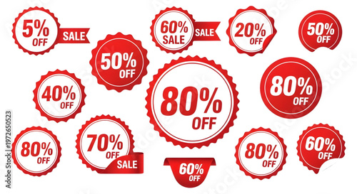 Discount sticker product tag set. Shopping percent badge signs in red and white colors from 5 to 80 percent off.

