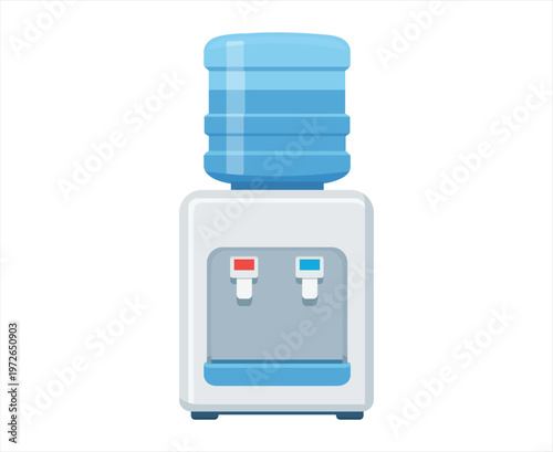 Flat vector illustration of a modern office water cooler dispenser with a blue plastic bottle