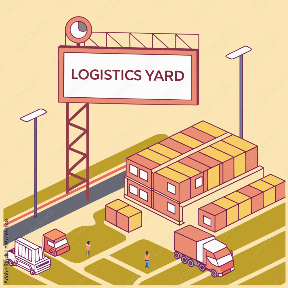 Fototapeta premium Isometric illustration of a logistics yard with stacked cargo containers, trucks, and workers overseeing operations, supply chain