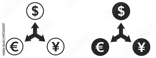 Currency exchange vector icon, dollar, euro, and yen signs connected by arrows, clean flat design suitable for banking, finance apps, and global trade graphics.