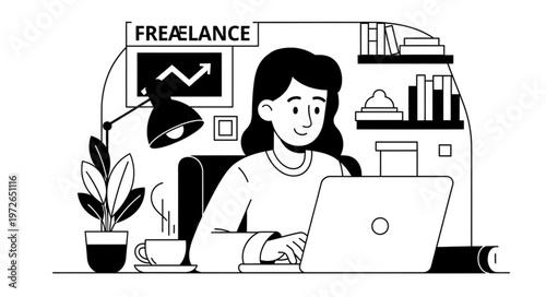 Female Freelancer Working On Laptop At Desk.