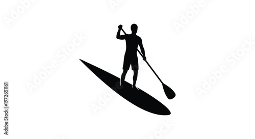 A striking black silhouette depicts a person paddleboarding on a sleek board capturing a moment of watersport activity silhouette