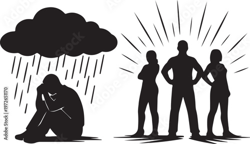Vector silhouette of person sitting under dark cloud while others stand in light, stress and mental pressure concept, depression, anxiety, isolation, emotional struggle isolated on white background