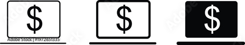 outline style laptop with dollar sign icon set in thin medium and bold stroke weight representing online finance ecommerce and digital banking