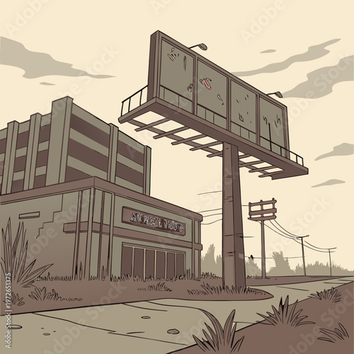 Abandoned building with a broken billboard in a desolate urban setting with urban decay