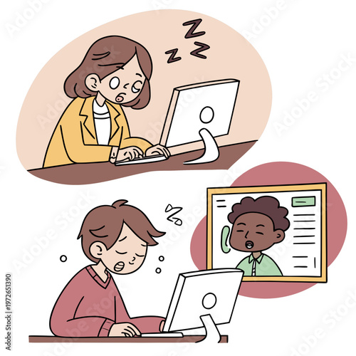 Illustration of exhausted remote workers stressed by constant online communication and calls with remote work with video call with work from home with home office with mental health