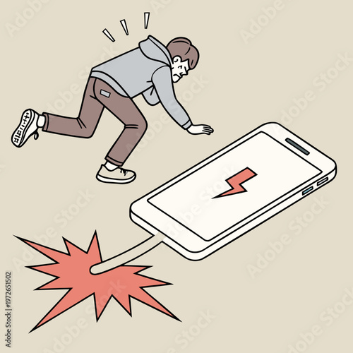 Conceptual illustration of a person tripping over a large smartphone representing the dangers of digital distraction