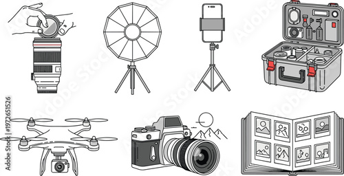 Photography videography equipment icons, drone camera tripod smartphone ring light illustration, modern creative tools artwork, digital media concept design