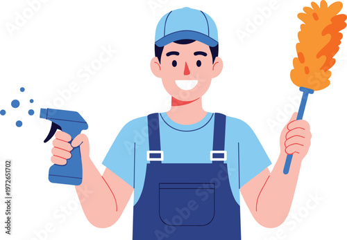 Cleaner holding spray bottle, janitor with feather duster, cleaning service worker illustration, hygiene maintenance concept, professional sanitation staff artwork