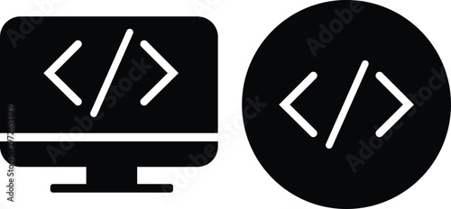 flat glyph style black icons of desktop monitor and circle with html code tag symbol for web development programming and software design