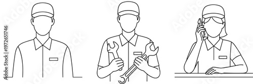 Service worker illustration, mechanic holding wrenches, customer service representative at desk, technical staff uniform, teamwork repair concept, line art drawing