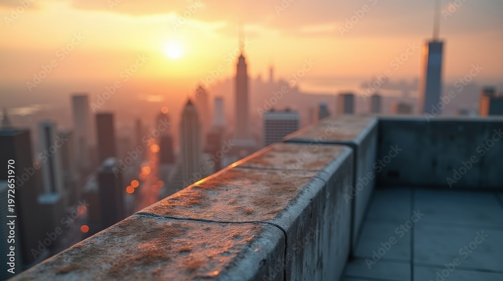 Fototapeta premium Rooftop view of a vibrant city skyline at sunset with a blurred background.