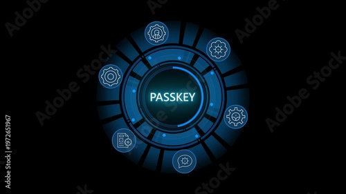Abstract digital finance concept with passkey icons and concentric circles. safety concept motion animated on transparent.