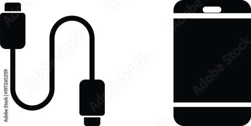 flat glyph style black icons of usb charging cable and smartphone for technology mobile electronics and digital device ui design