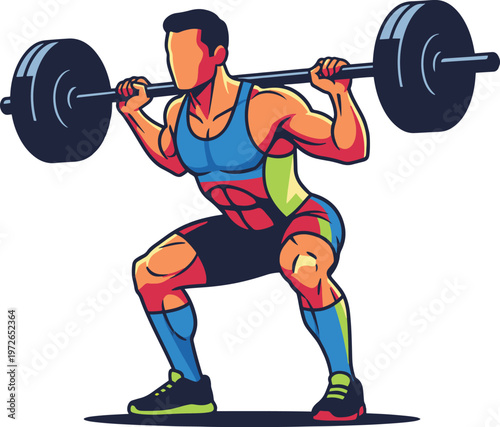 man doing squats with barbell, weightlifting exercise