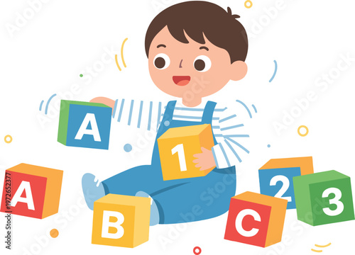 happy child playing with colorful alphabet and number blocks