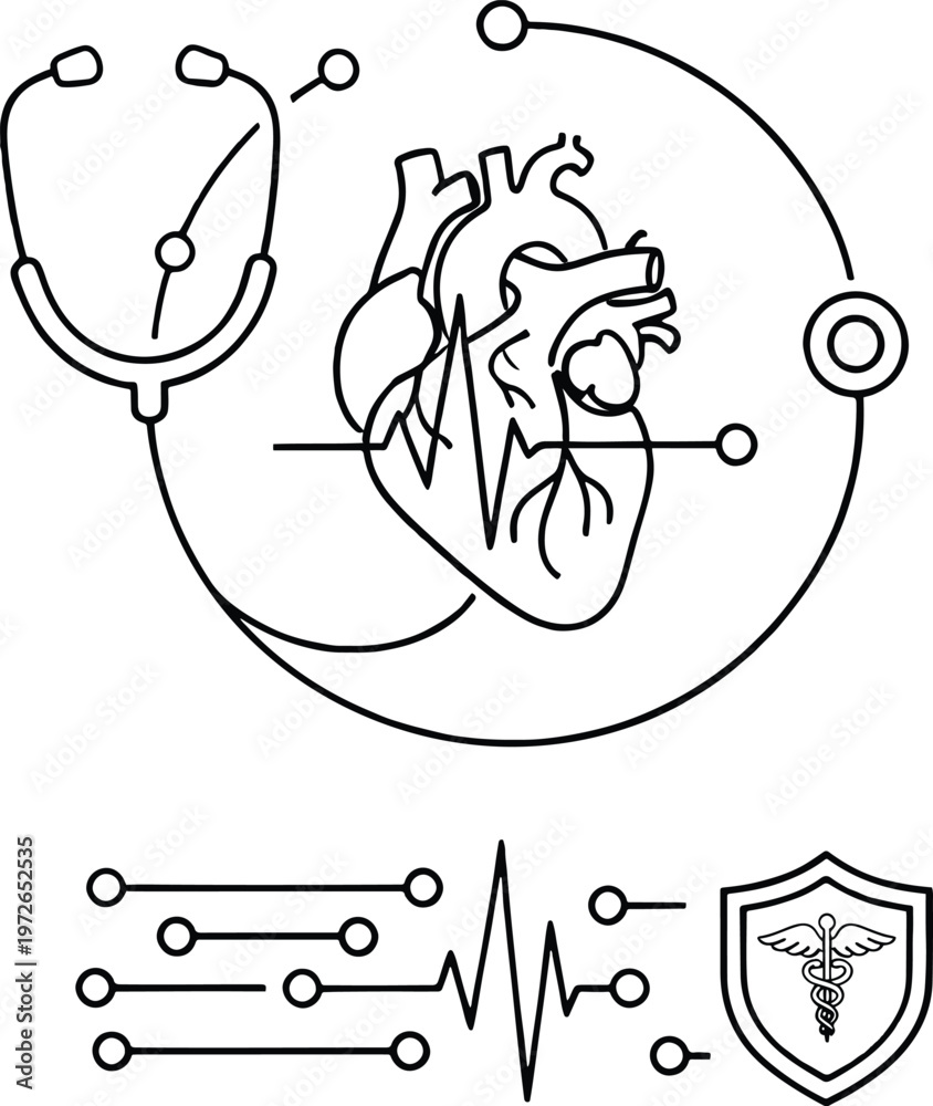 Obraz premium Medical illustration of heart with stethoscope and ECG