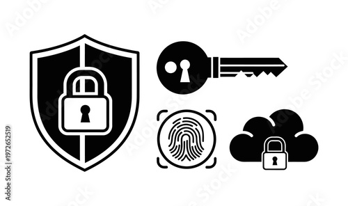 Digital Security Icons Shield, Fingerprint, Key, and Cloud with Padlock representing data protection and privacy