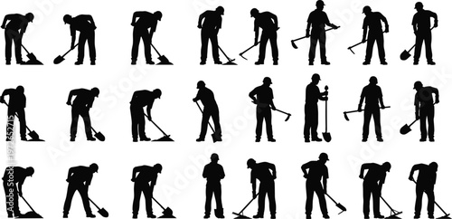 Silhouette workers performing manual labor with tools and equipment in various poses.