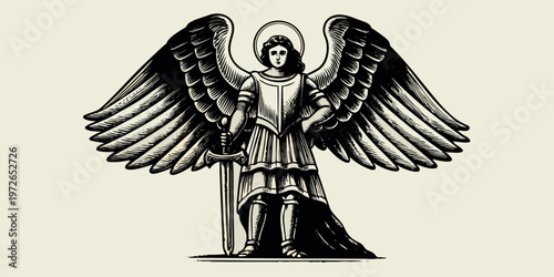 Vintage illustration of a female angel warrior with sword and halo