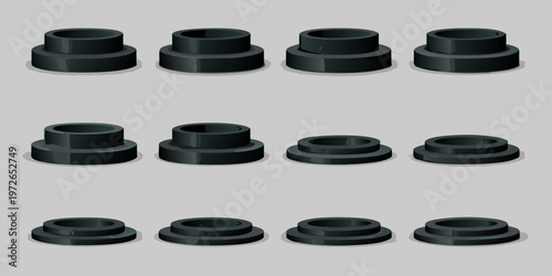 Arrangement of black cylindrical objects with stacked ring details