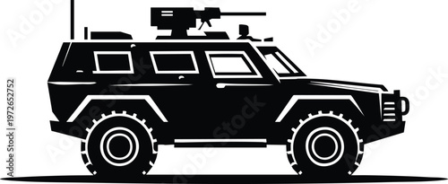 Black silhouette of an armored military vehicle with a mounted machine a symbol of defense and security for graphic design isolated on white background
