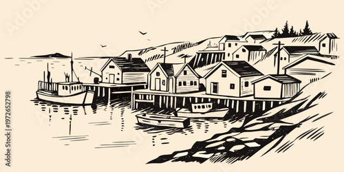 Coastal village scene with boats and hillside homes sketched in monochrome