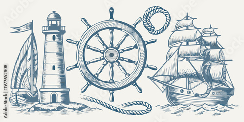 Nautical elements including a lighthouse ship wheel and sailing vessel