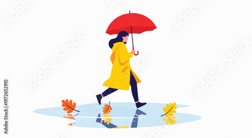 A woman in a yellow coat walks with a red umbrella on a rainy day with fallen leaves on a white background.