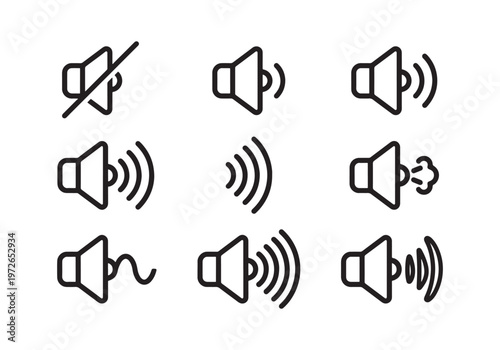 Collection of nine distinct line art icons representing various sound volume levels and mute status, presented in a clean, minimalist grid layout on a white background, perfect for