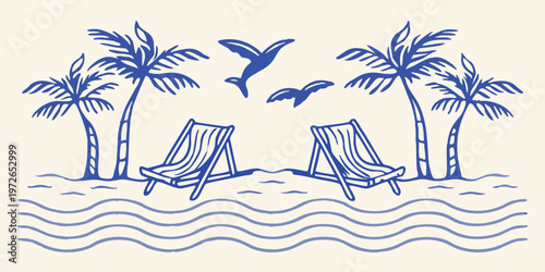 A serene beach scene featuring palm trees lounge chairs and flying birds