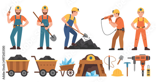 Cartoon mine workers illustration collection, miners in safety gear working in tunnels with carts, ores, and lanterns, clean flat vector style suitable for kids’ books, games, and industrial graphics.