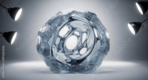 Abstract frozen sphere with internal metallic structure illuminated by spotlights in a studio setting representing cold technology or science