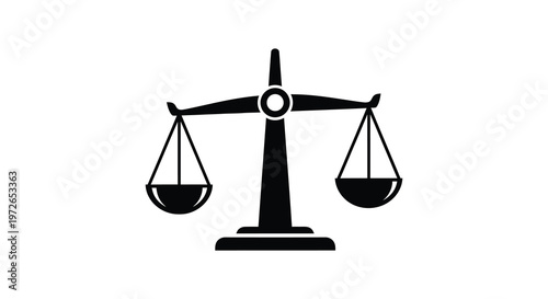 A stark black scales of justice graphic represents legal concepts like fairness and equality a striking silhouette