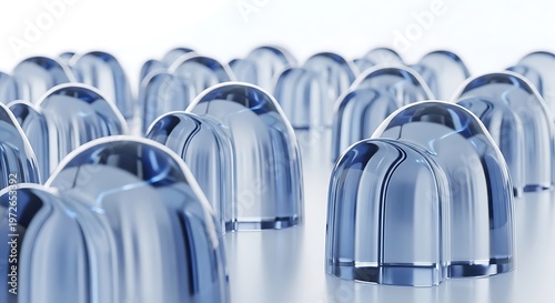 Abstract blue glass domes arranged in a grid pattern representing technology and science with a clean minimalist aesthetic for backgrounds and digital concepts