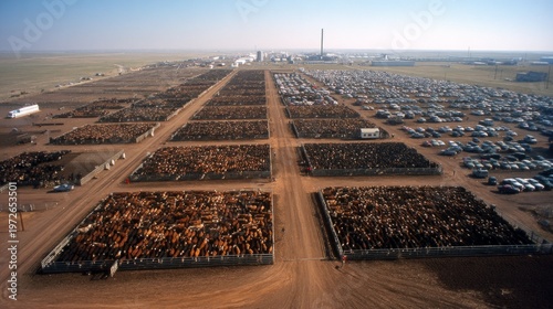 Aerial View of Large Cattle Feedlot Facility with Thousands of Cattle