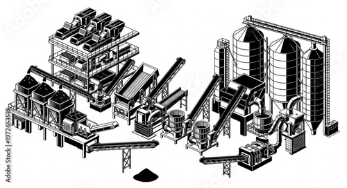 Industrial factory complex with storage silos and conveyors.