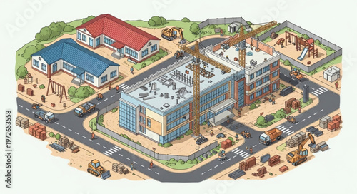 Industrial factory construction site with cranes and scaffolding.