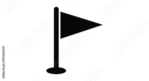 A simple black flag on a pole is displayed against a stark white background creating a bold silhouette