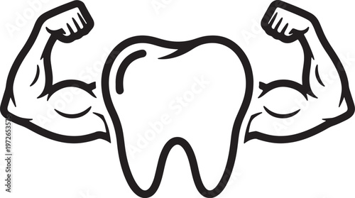 Black and white line of a strong tooth with muscular arms flexing also transparent background