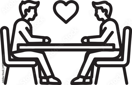 Black and white line of two people sitting facing each other at a rectangular table with a heart symbol above them also transparent background