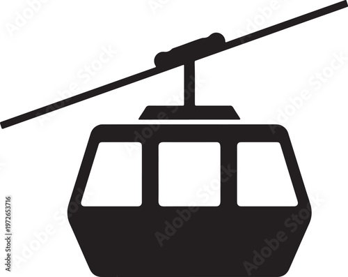 Black and white silhouette of a cable car with three windows suspended from a diagonal cable also transparent background