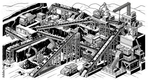 Industrial mining complex with conveyors and crushers.